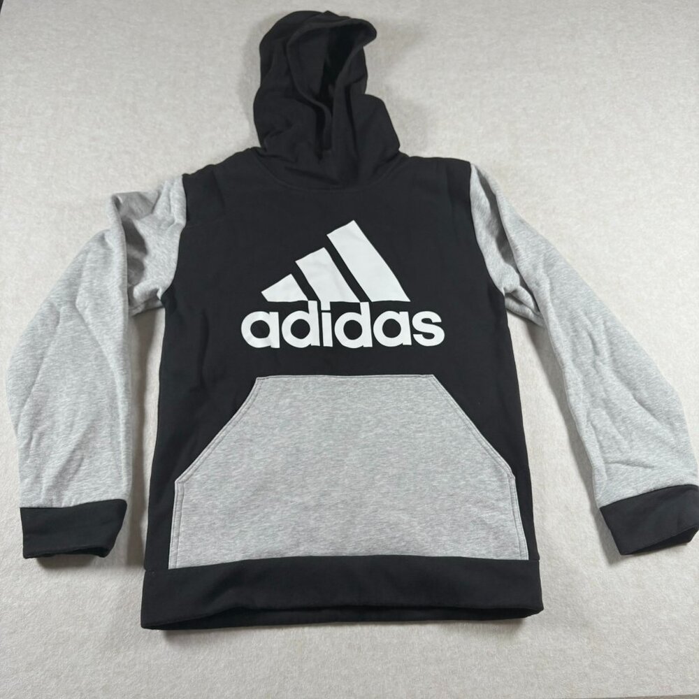 Adidas Youth L 14/16 Black Gray Colorblock Fleece Hoodie Big Logo Kangaroo